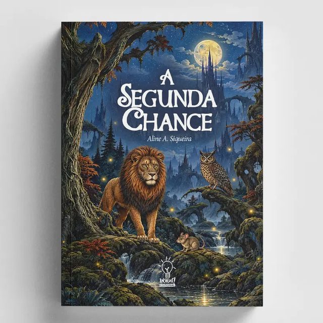 Capa do livro A Segunda Chance, de Aline A. Siqueira: um leão, uma coruja e uma ratinha em uma floresta sob a lua