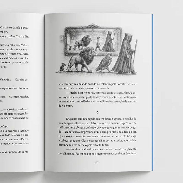 Página interna do livro com ilustração de leão, coruja, rata e um encapuzado